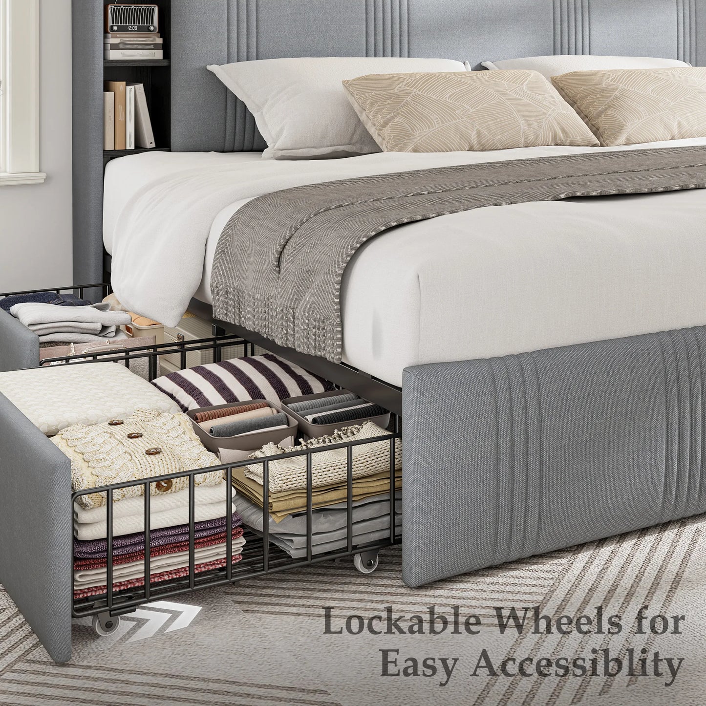Full Size Bed Frame with 4 Storage Drawers