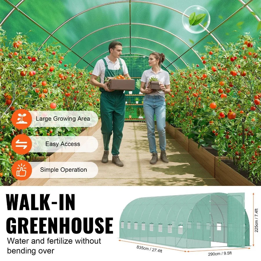Walkin Tunnel Greenhouse 27.38x9.5x7.38ft Galvanized Frame PE Cover Green