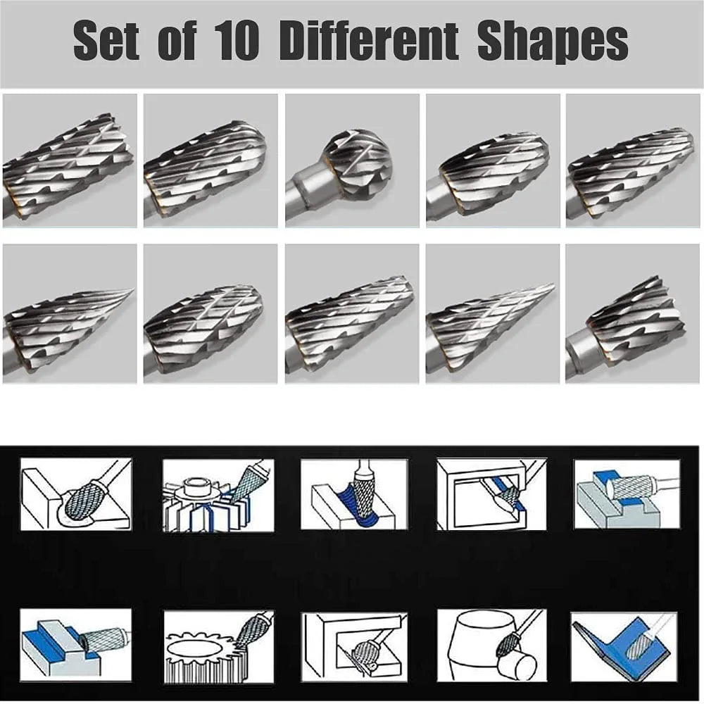 10PCS Carbide Double Cut Burr Set, 1/8" Shank