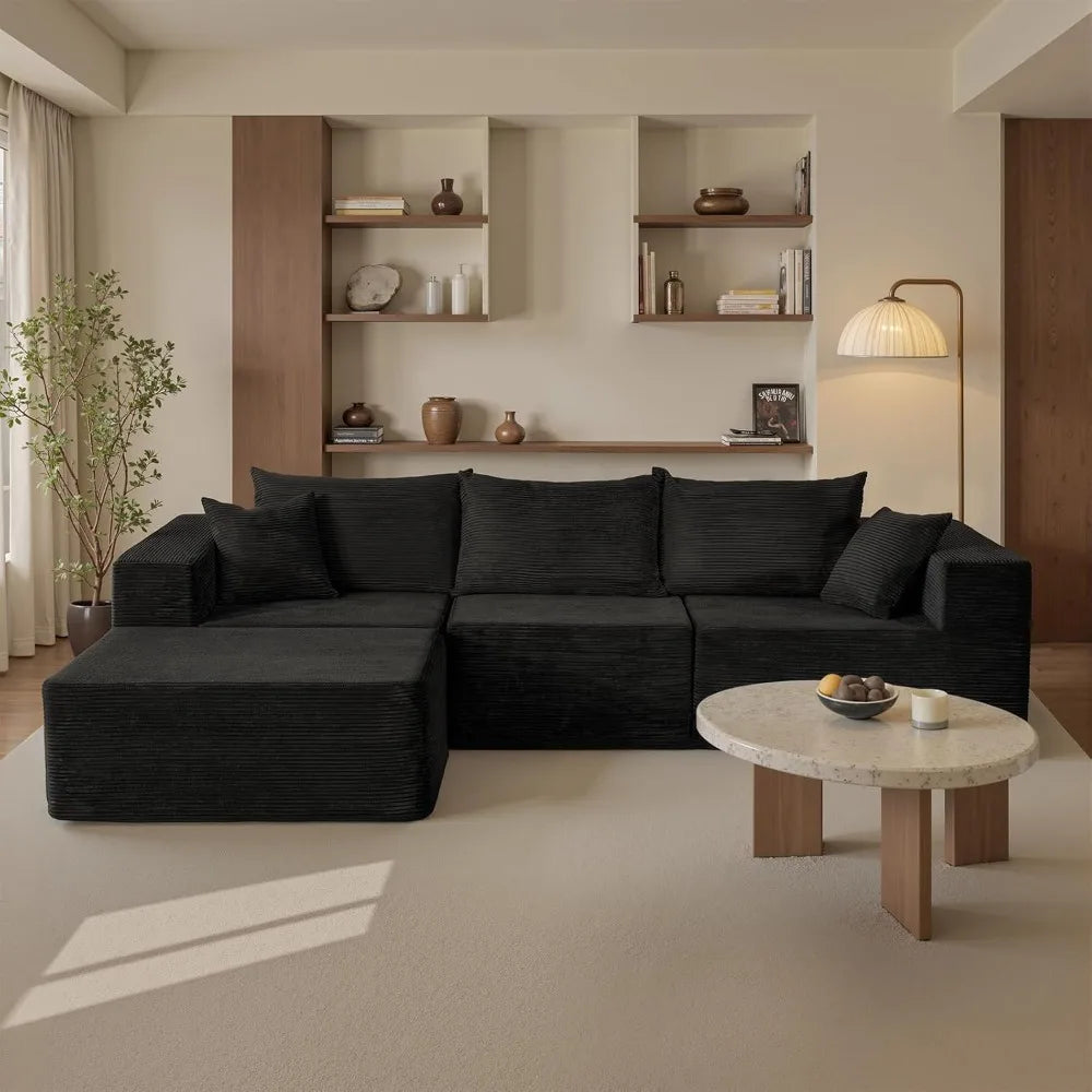 109" Modular Black Corduroy Sofa with Side Pocket – Space-Saving Sectional Couch for Living Room or Apartment