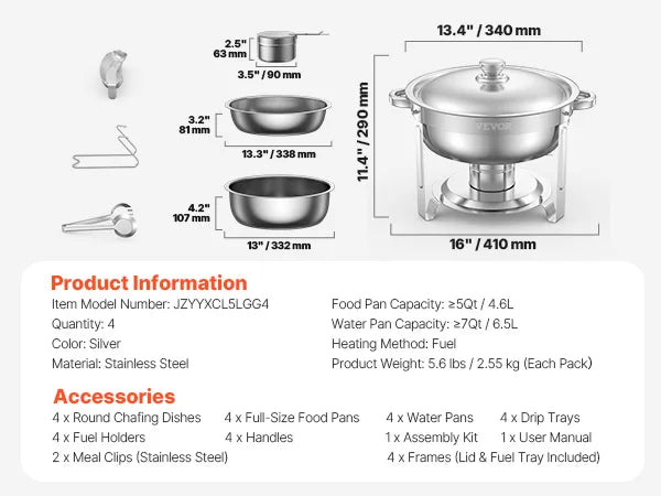 4 Pack Chafing Dish Buffet Set Stainless Steel