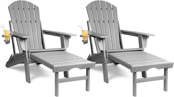 Adjustable Folding Adirondack Chairs Set of 2 with Retractable Ottoman