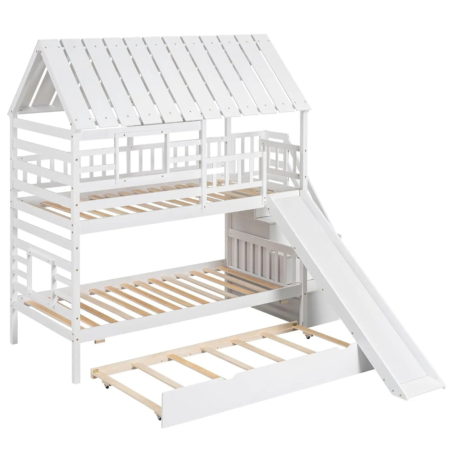 Twin Over Twin House Bunk Bed with Slide & Trundle & Stairs