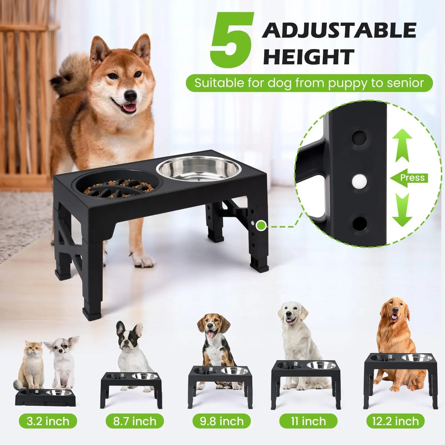 Elevated Dog Bowls - 5 Adjustable Heights
