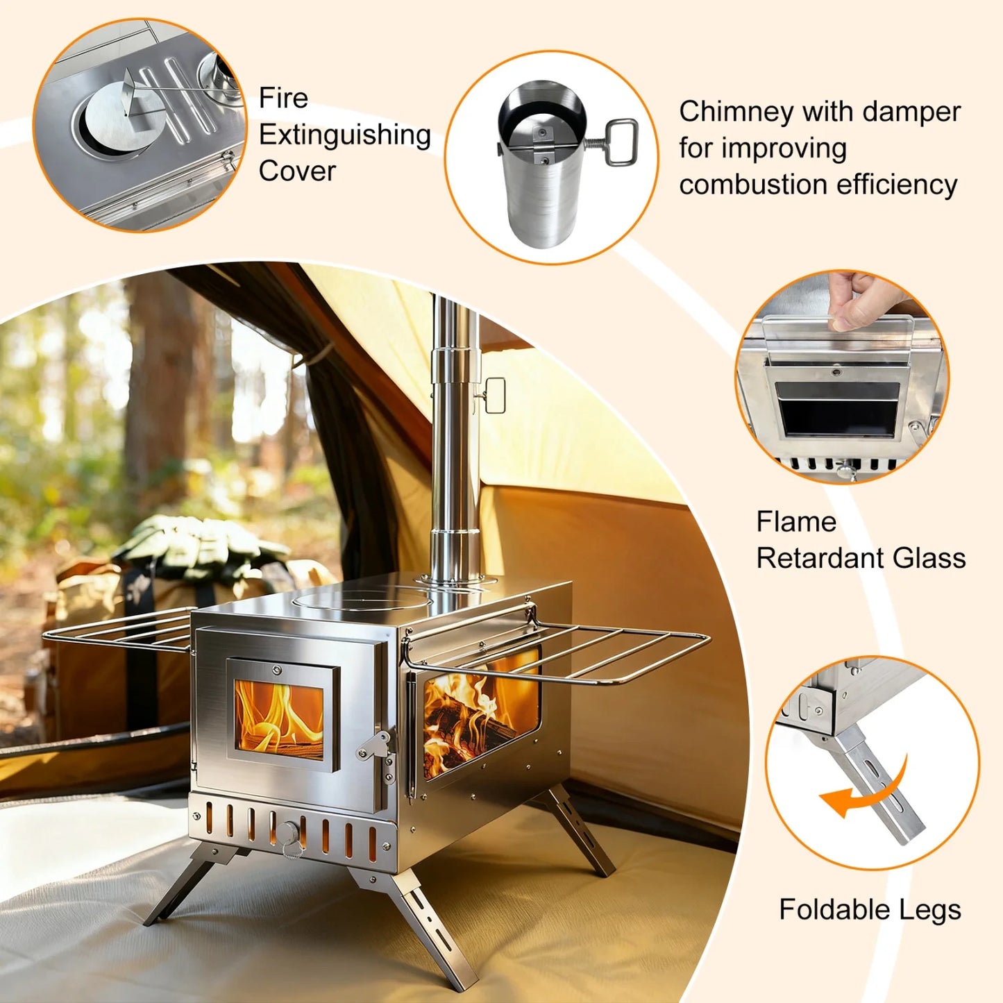 Camping Tent Wood Stove with 7 Chimney Pipes