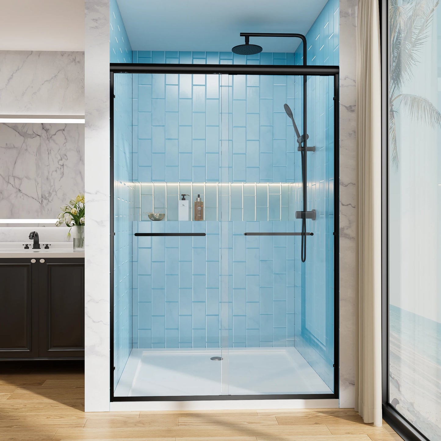 60" W x 72" H Matte Black Aluminum Frame Double Sliding Shower Door