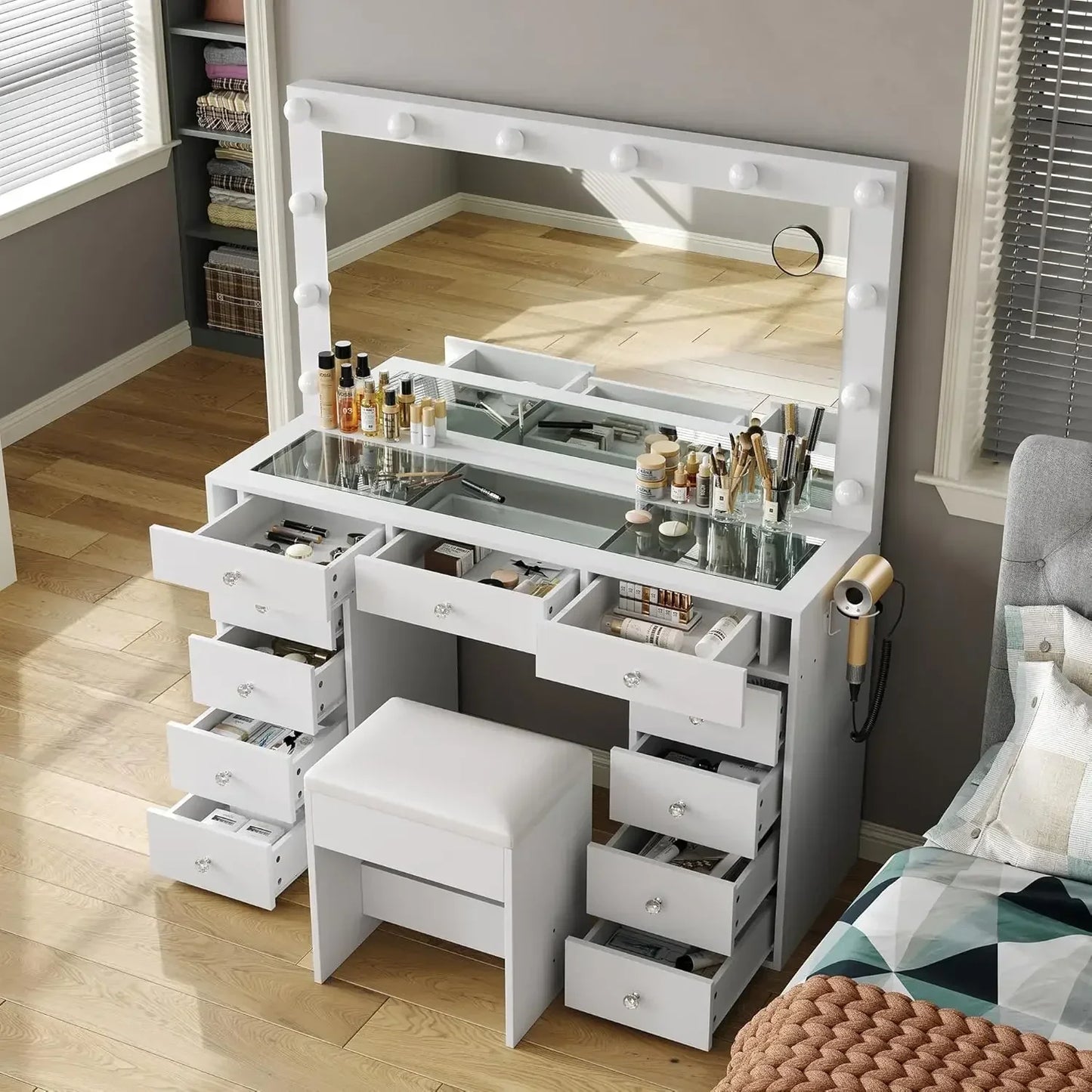 Vanity Desk with Power Outlet and Chair