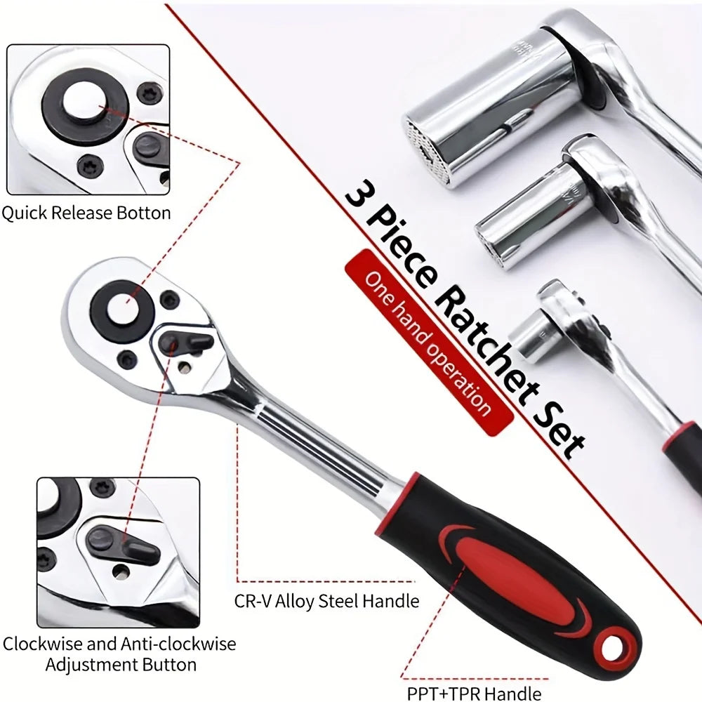 3-Piece Ratchet Set, 1/4", 3/8", 1/2" Drive