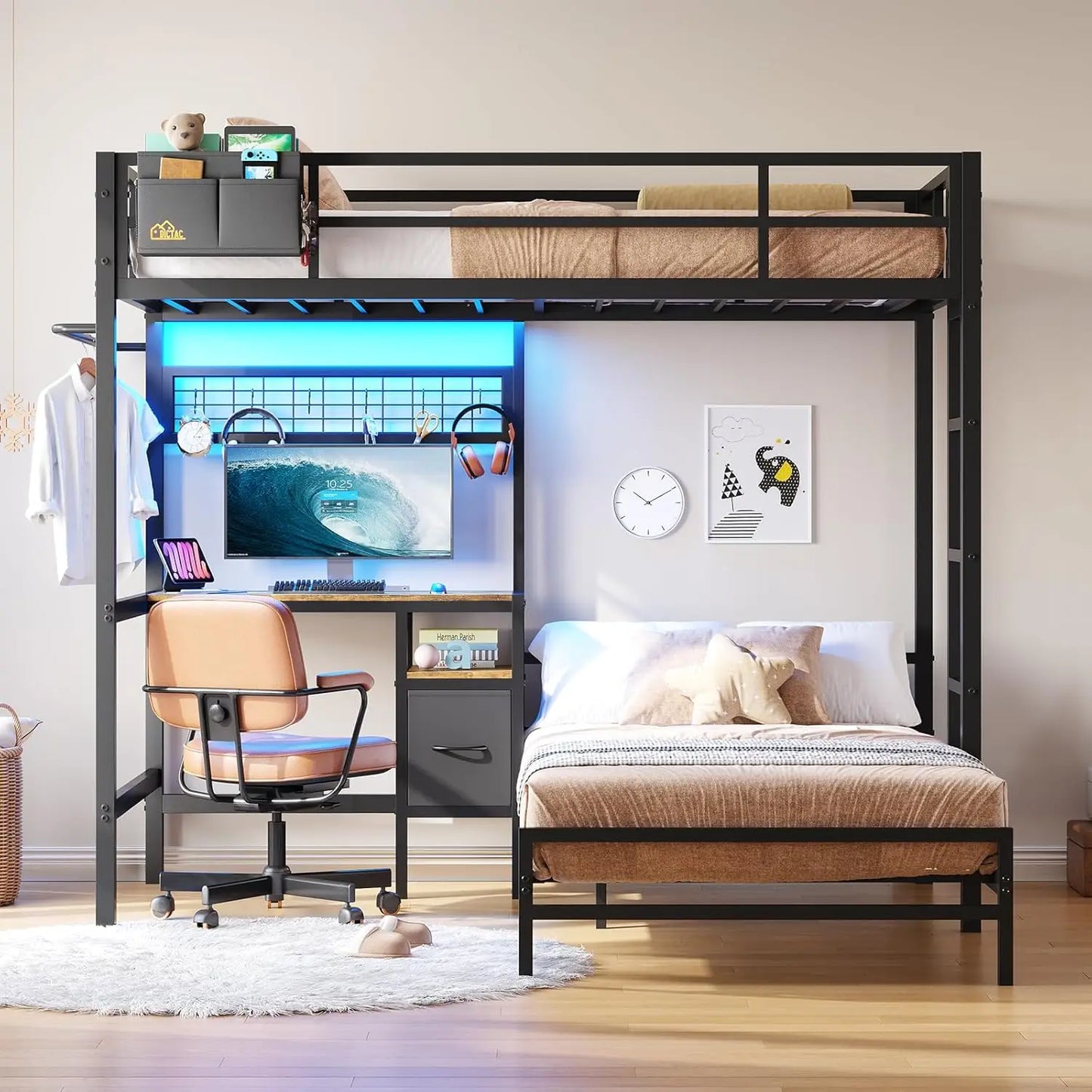 Bunk Bed Twin Over Twin Size with Desk and Charging Station