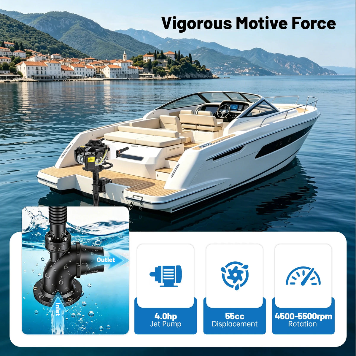 Gasoline Outboard Motor, 4-Stroke 4HP Jet Pump