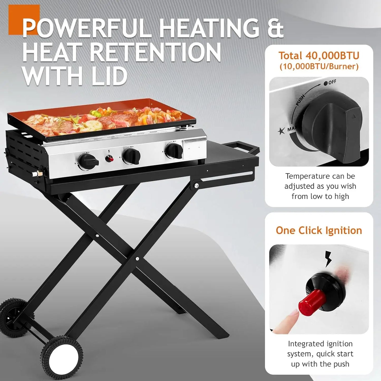 3 Burner Foldable Propane Griddle with Wheels