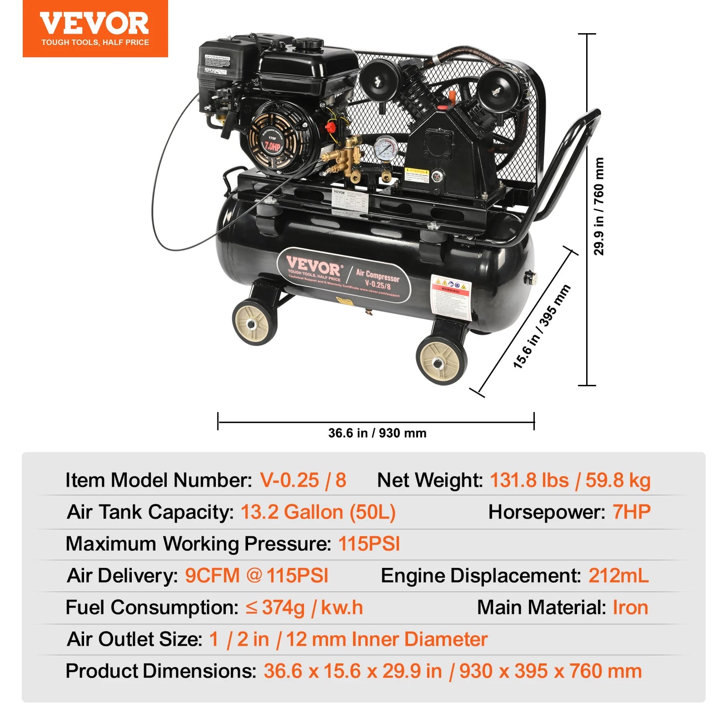 7HP/15HP Gas Power Air Compressor 10/20/30 Gallon