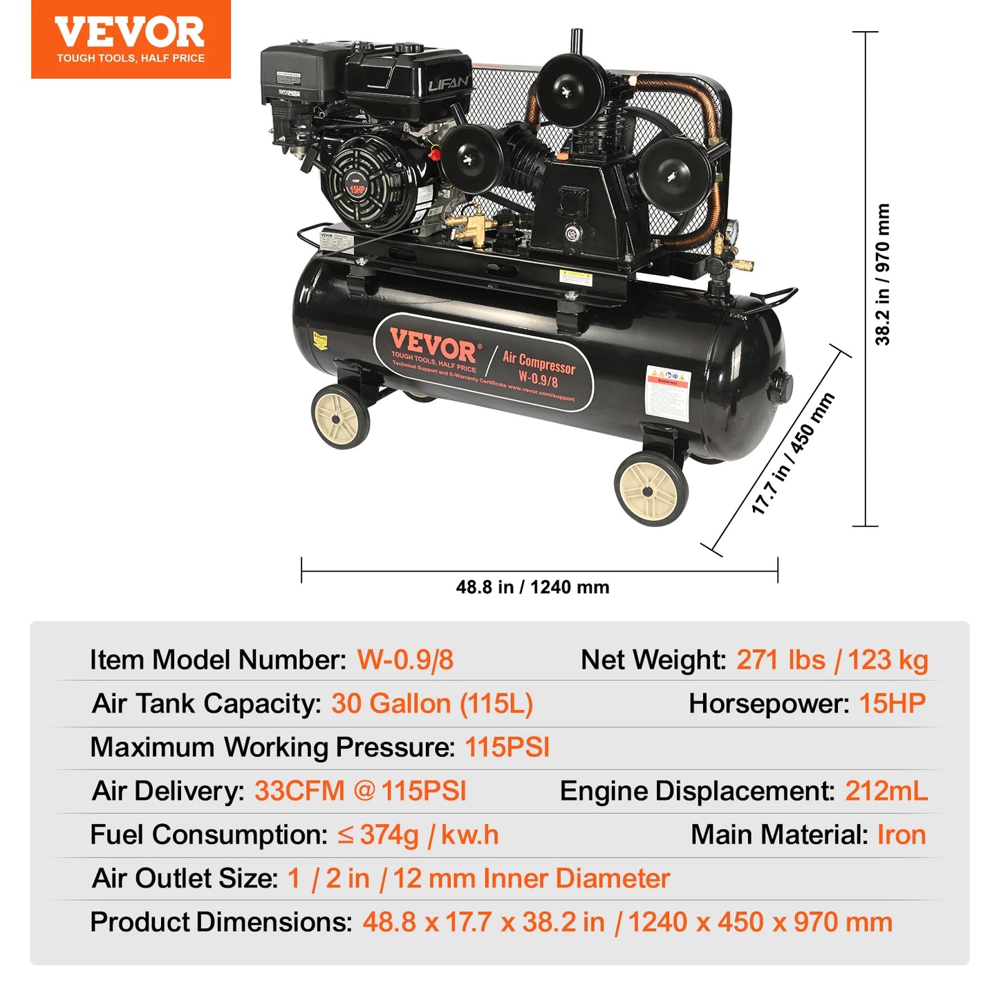 7HP/15HP Gas Power Air Compressor 10/20/30 Gallon