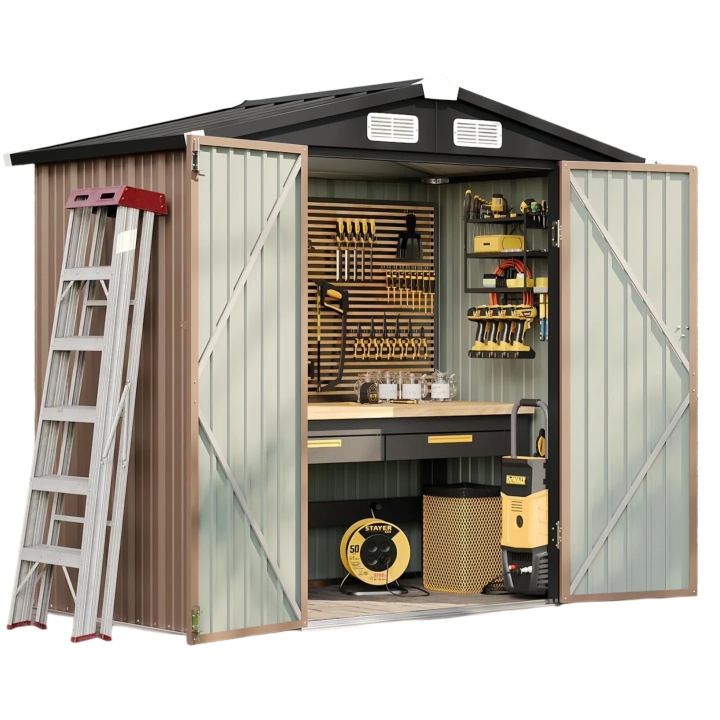 6.2x4FT Metal Garden Storage Shed Lockable Outdoor Tool Shelter with Sloping Roof for Backyard Patio Brown