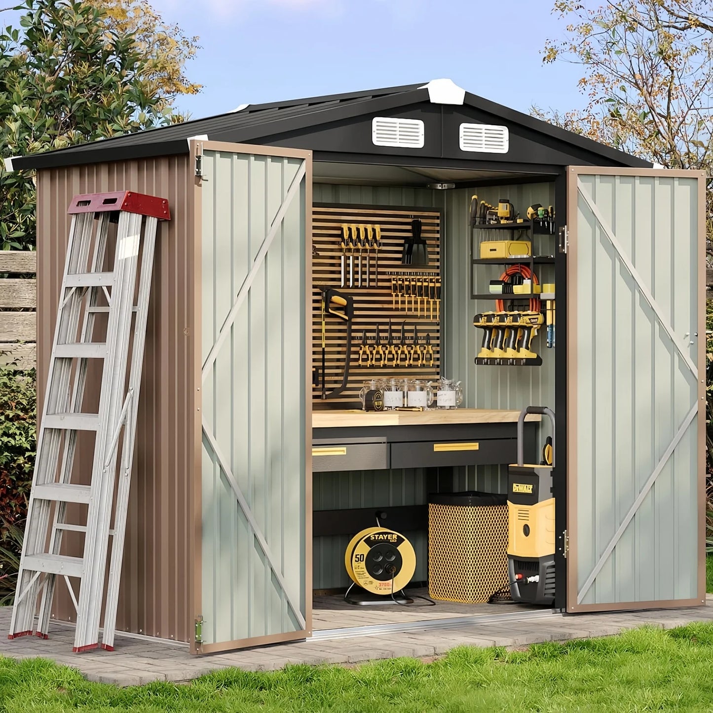 6.2x4FT Metal Garden Storage Shed Lockable Outdoor Tool Shelter with Sloping Roof for Backyard Patio Brown