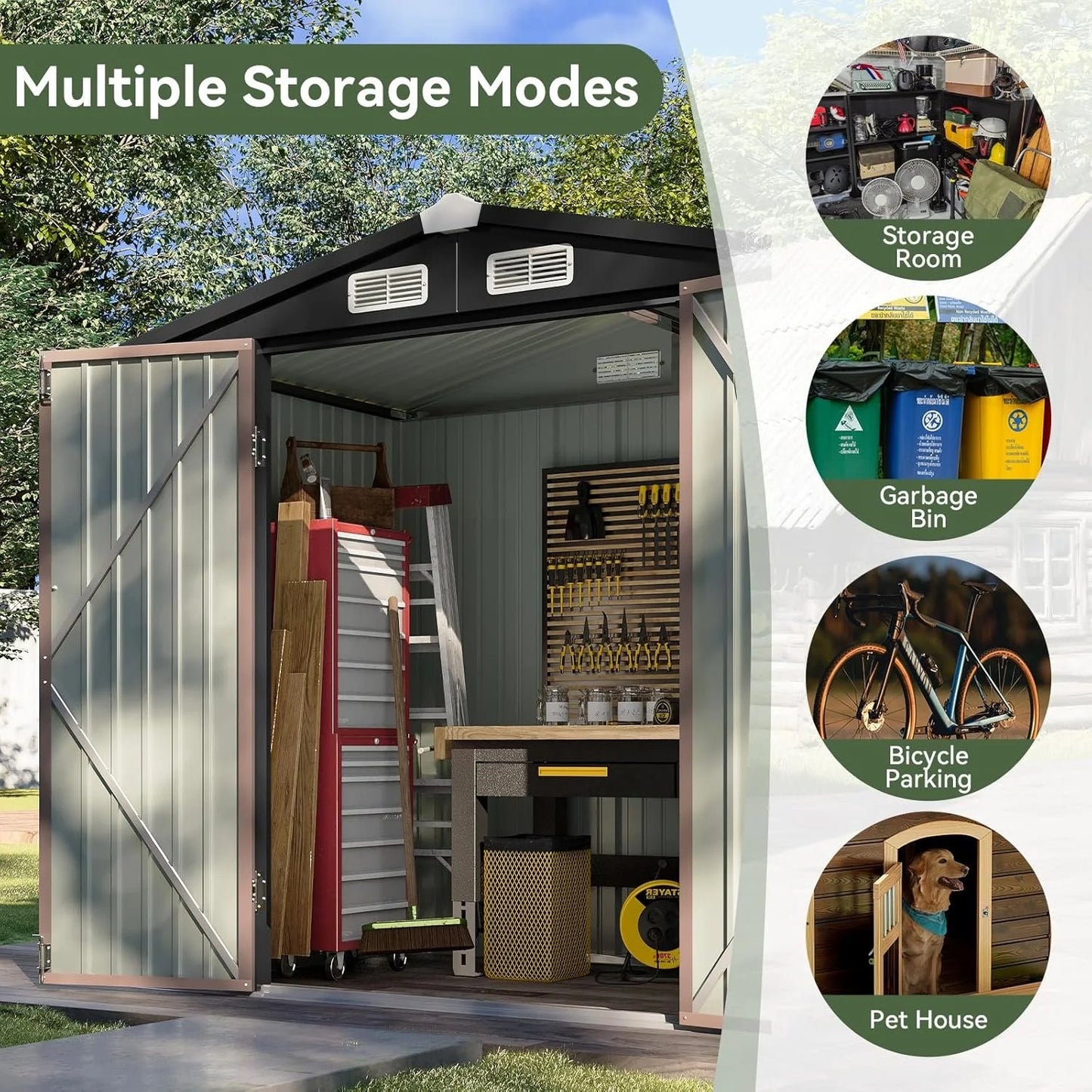 6.2x4FT Metal Garden Storage Shed Lockable Outdoor Tool Shelter with Sloping Roof for Backyard Patio Brown