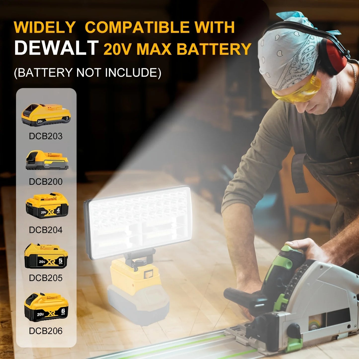 Compatible with DeWalt Lithium-Ion Batteries: Cordless LED Work Light