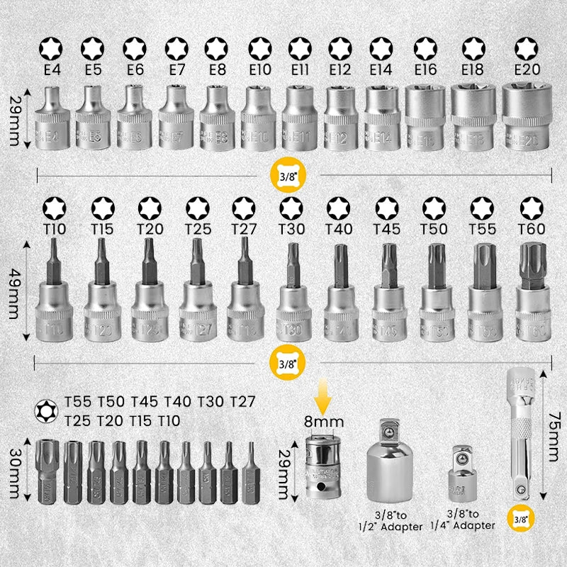 34pcs 3/8'' Drive Torx-Socket Set