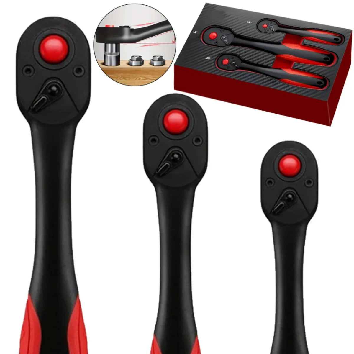 3pcs Ratchet Set with 1/4", 3/8", 1/2" drives
