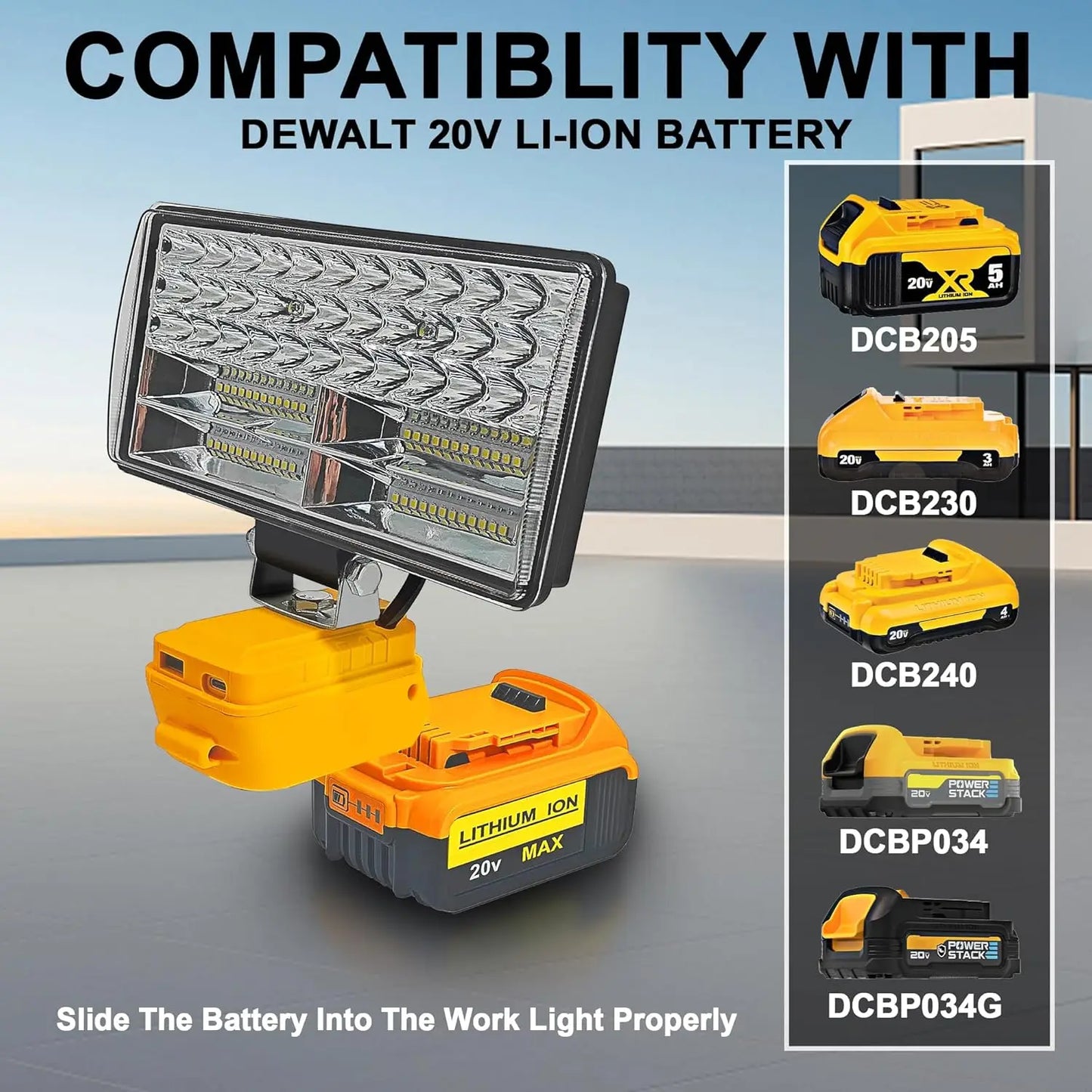 Compatible with DeWalt Lithium-Ion Batteries: Cordless LED Work Light