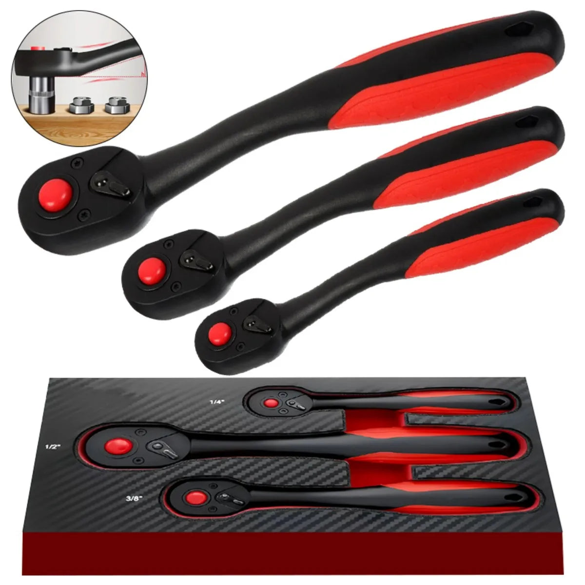 3pcs Ratchet Set with 1/4", 3/8", 1/2" drives