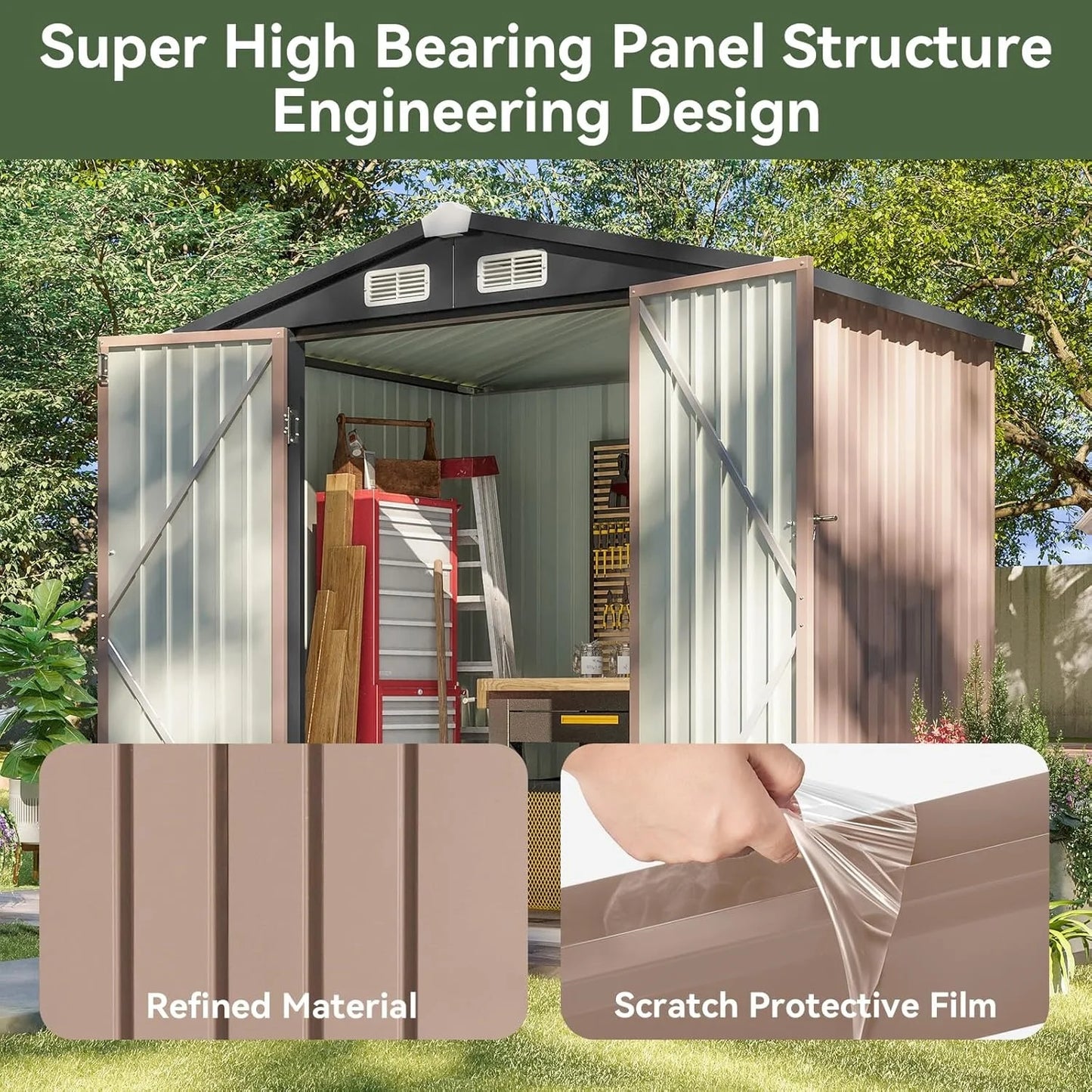 6.2x4FT Metal Garden Storage Shed Lockable Outdoor Tool Shelter with Sloping Roof for Backyard Patio Brown