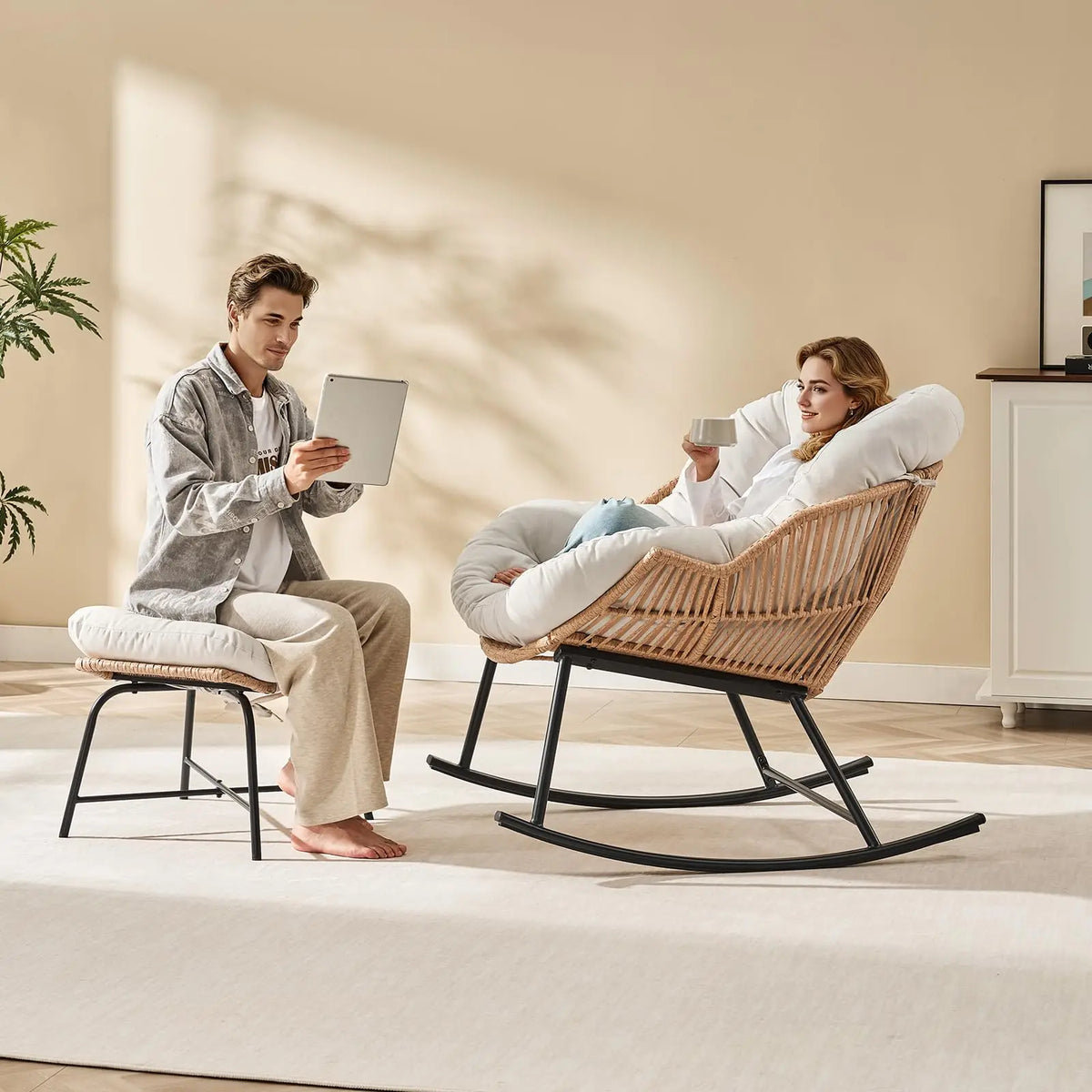 Rattan Papasan Rocking Chair with Ottoman