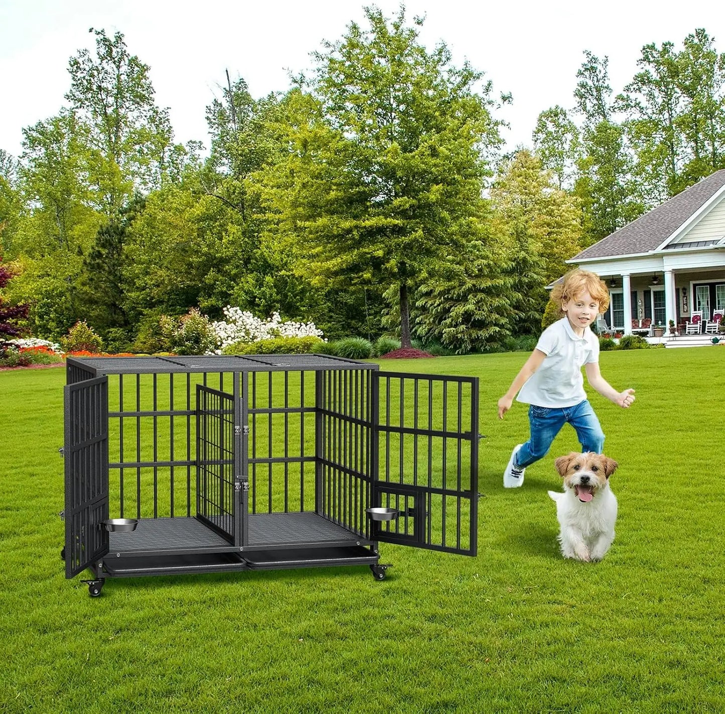 48 Inch Metal Dog Crate with  Removable Tray and Wheels