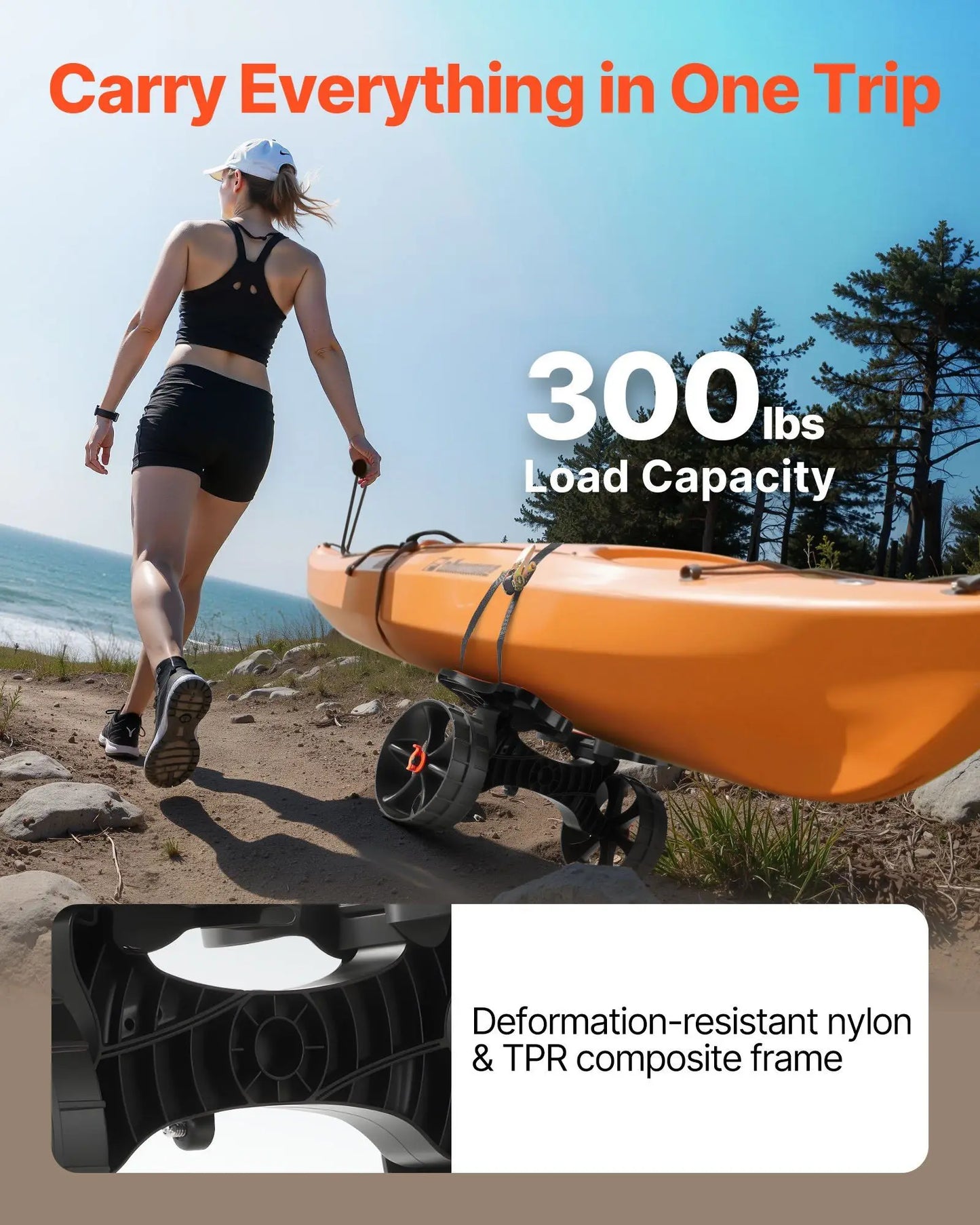 300lb Kayak Cart with 10-inch Solid Rubber Wheels
