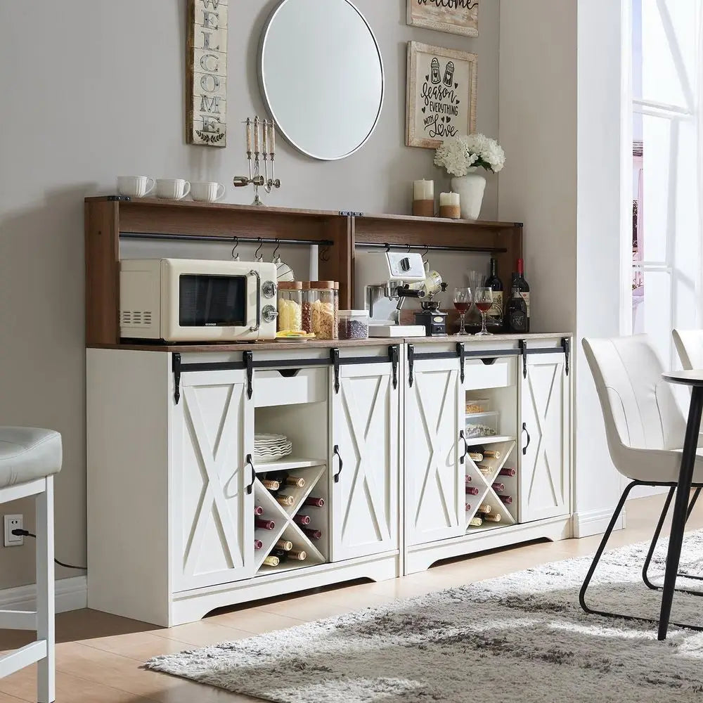 Farmhouse Coffee Bar Cabinet with Charging Station and USB Ports