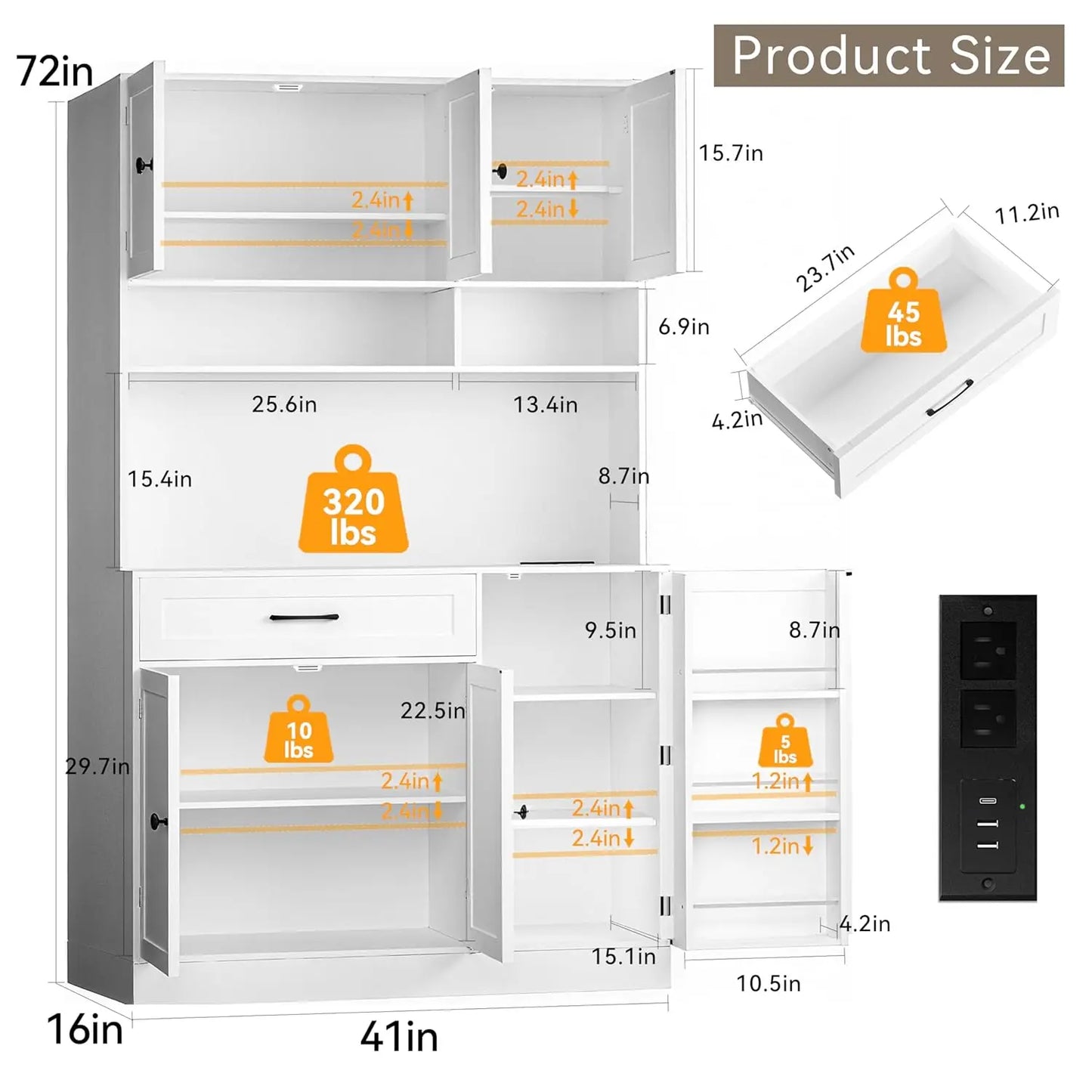 72" Kitchen Pantry Cabinet with LED Light and Charging Station