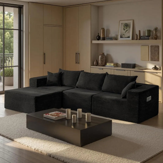 109" Modular Black Corduroy Sofa with Side Pocket – Space-Saving Sectional Couch for Living Room or Apartment