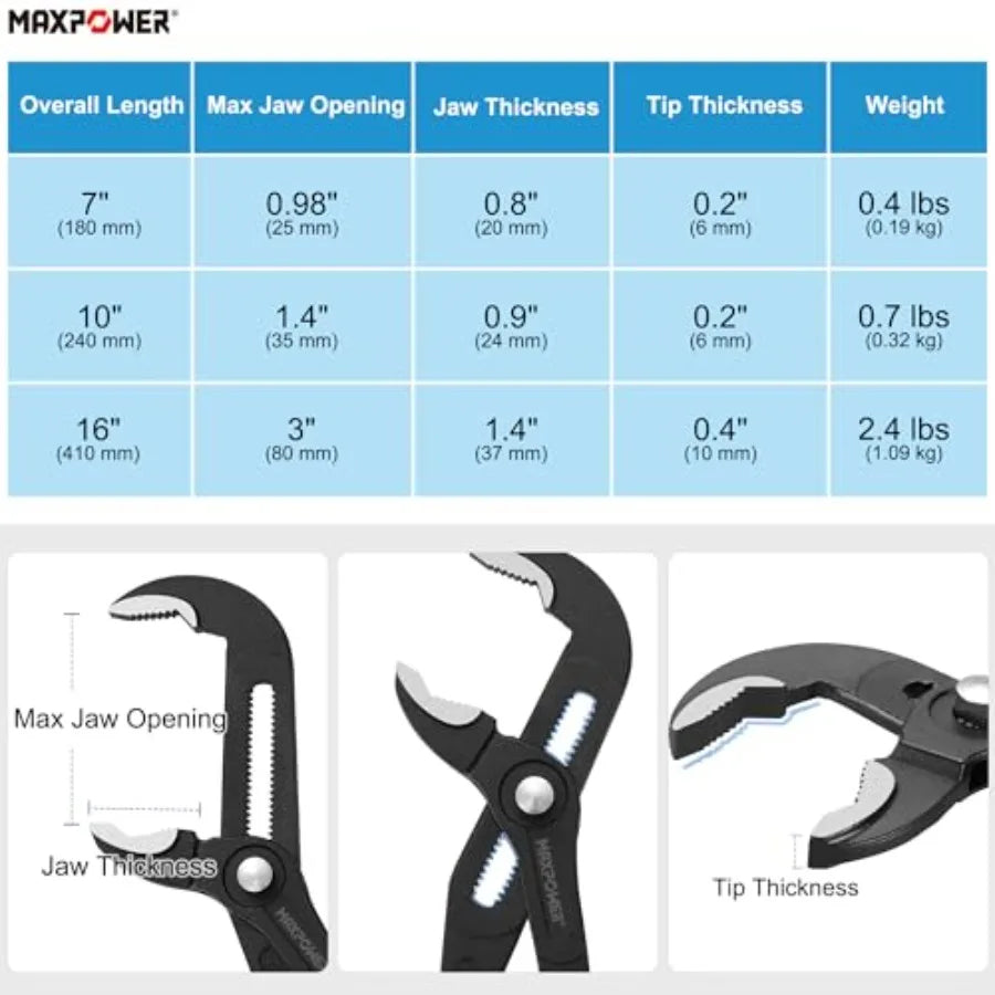 3-Piece Water Pump Pliers Set 7" 10" 16"