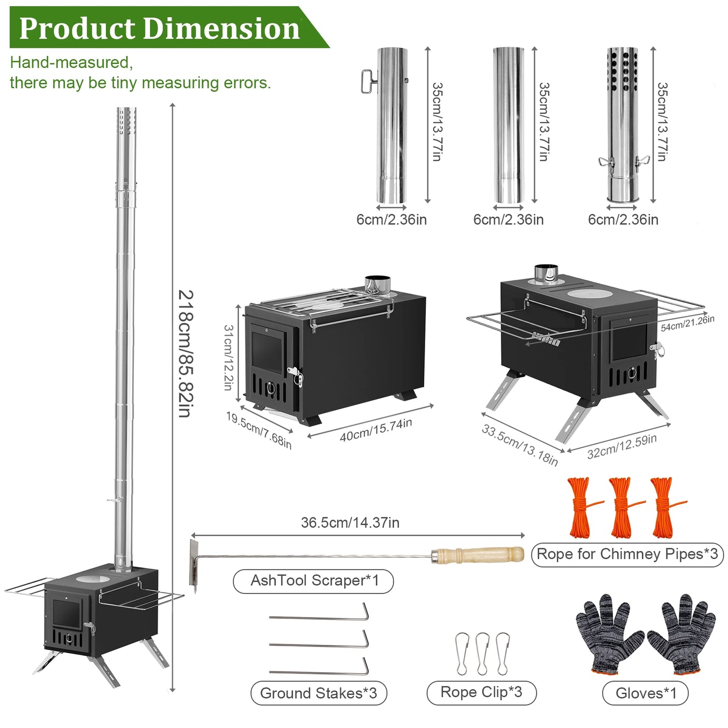 Hot Tent Stove, Wood Burning with 6 Stainless Chimney Pipes