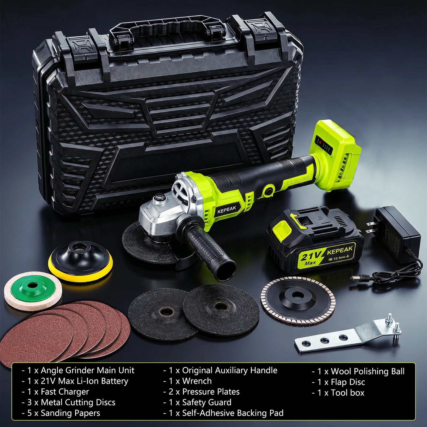 21V Cordless Angle Grinder 3 Speed 10000RPM