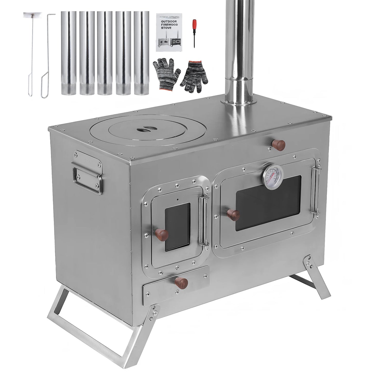 Wood Burning Tent Stove with 4 Chimney Pipe