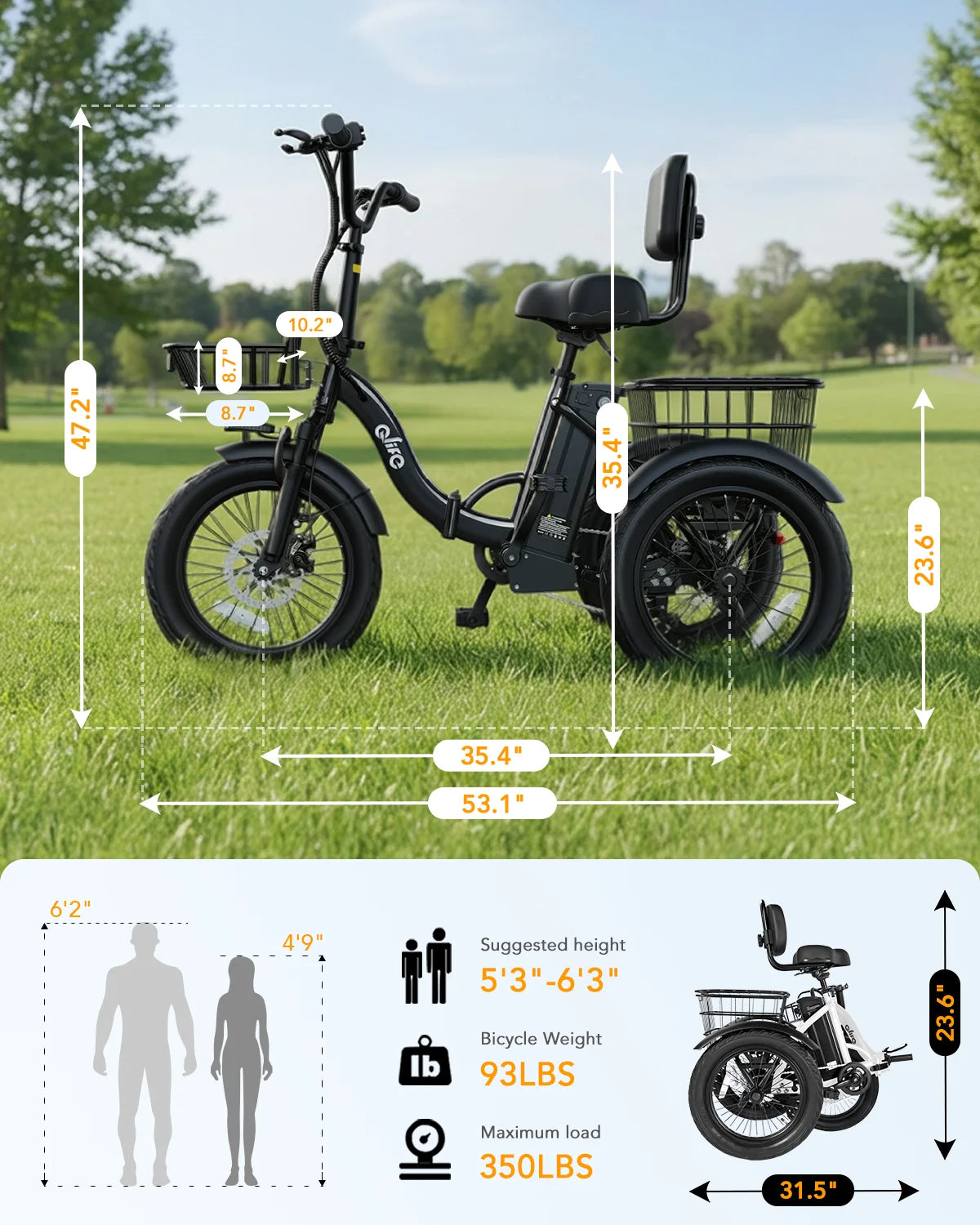 Folding Electric Trike, 1200W  48V 10.4AH Removable Battery
