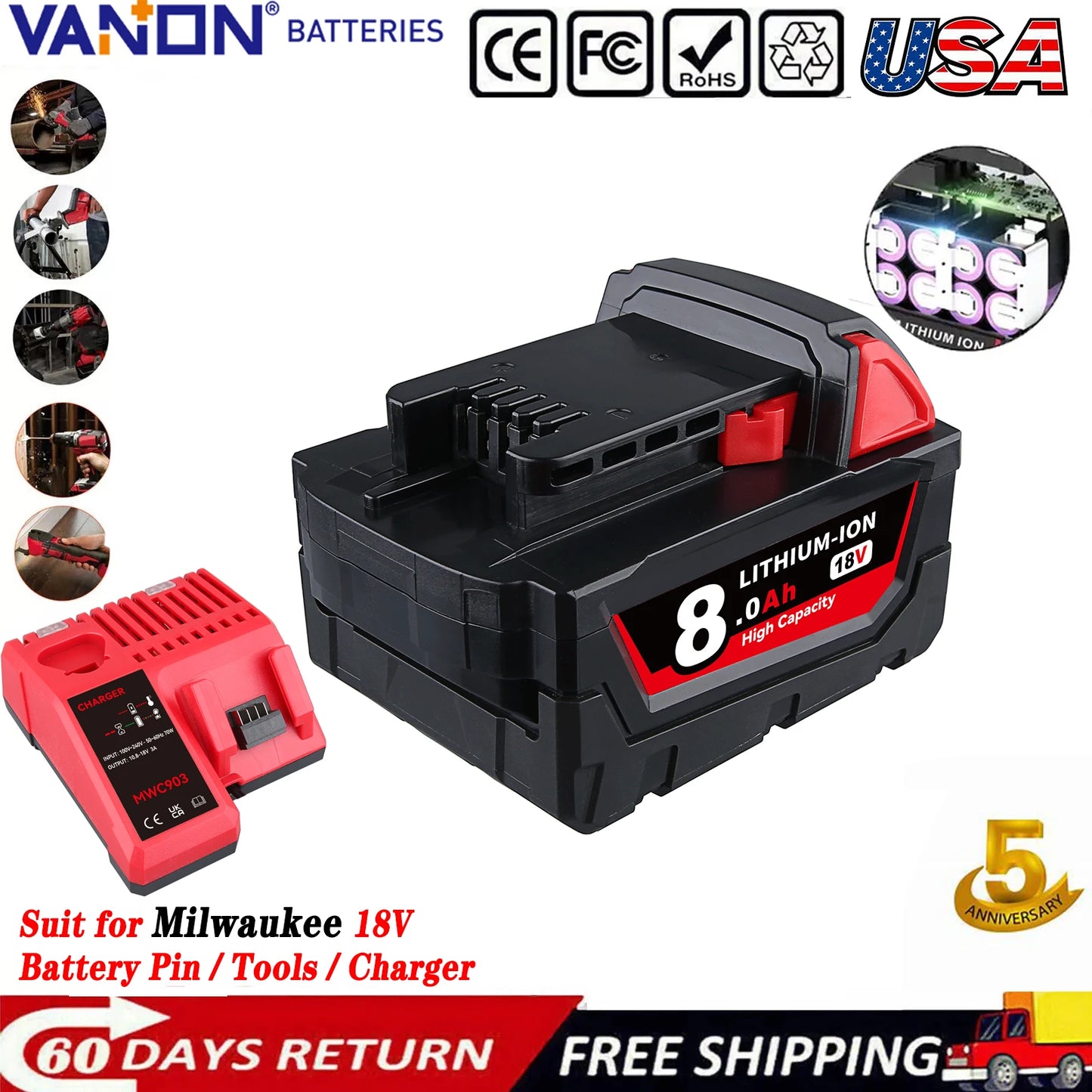 M18 Li-on Battery and Charger Replace for Milwaukee