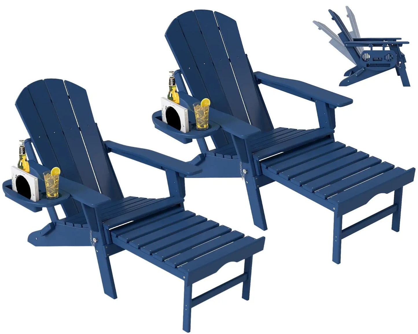 Set of 2 Folding Adirondack Chair with Retractable Ottoman