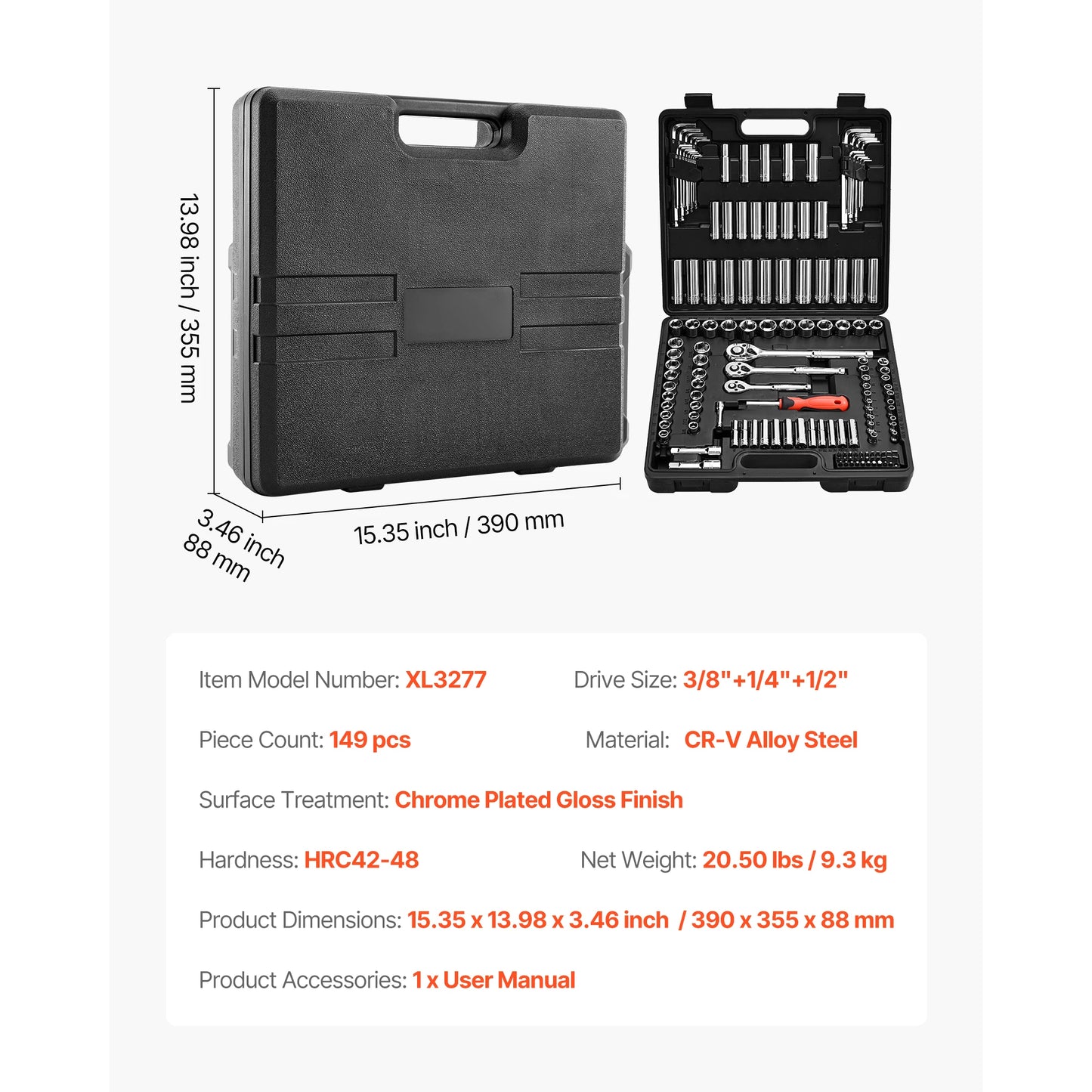3/8 1/4 1/2in Drive Socket and Ratchet Set SAE Metric