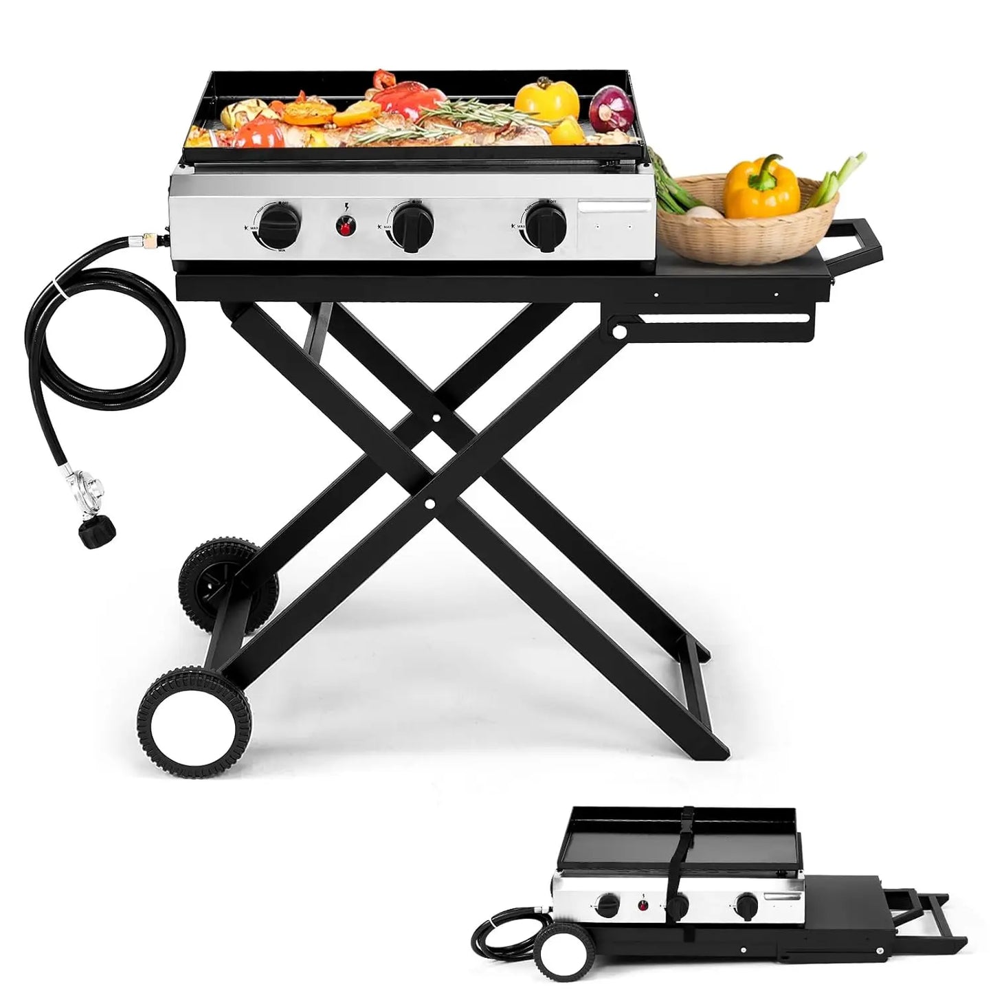 3 Burner Foldable Propane Griddle with Wheels
