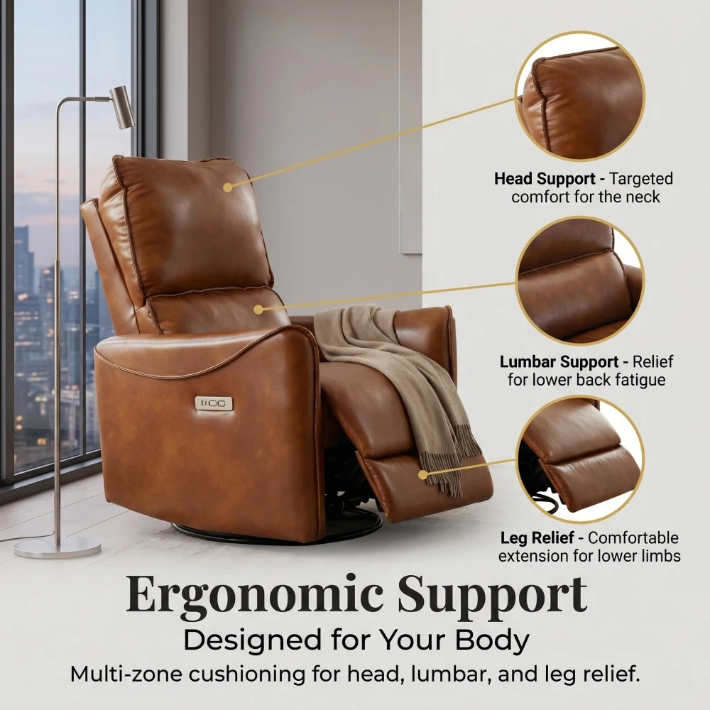 Brown Air Leather Power Recliner Chair with Rocker & 360° Swivel Function