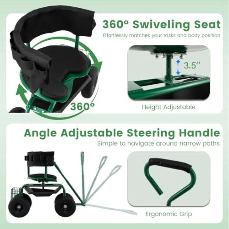 Gardening wagon scooter with 360 swivel workseat