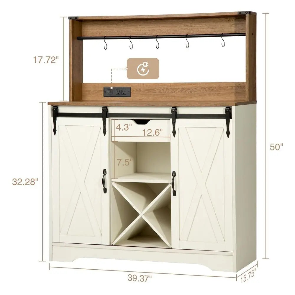 Farmhouse Coffee Bar Cabinet with Charging Station and USB Ports