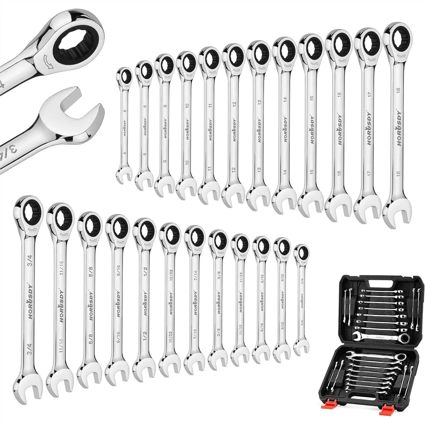 24-Piece Ratcheting Wrench Set, Metric & SAE