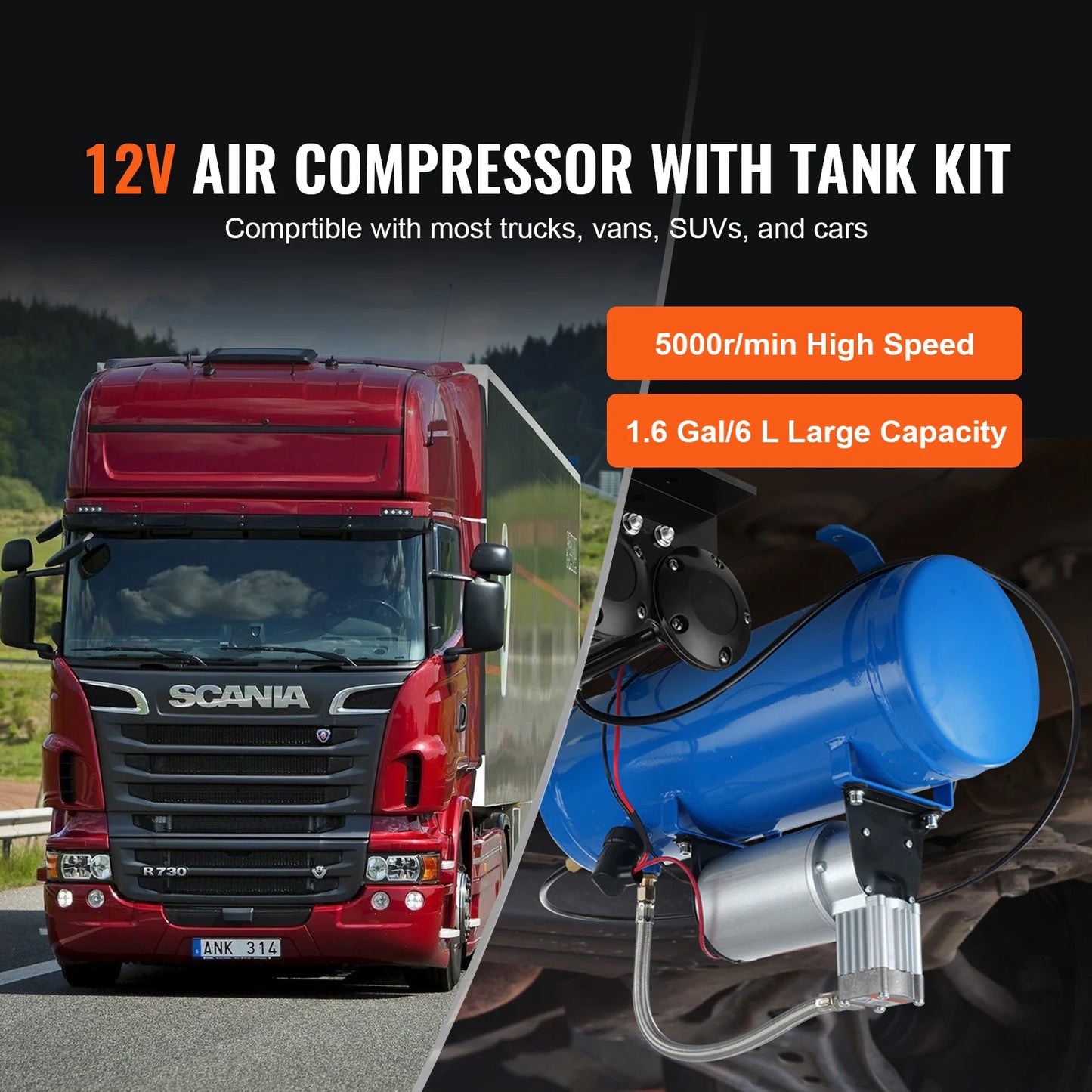 12V Air Compressor with Tank 1.6 Gallon 120 psi Automotive Onboard