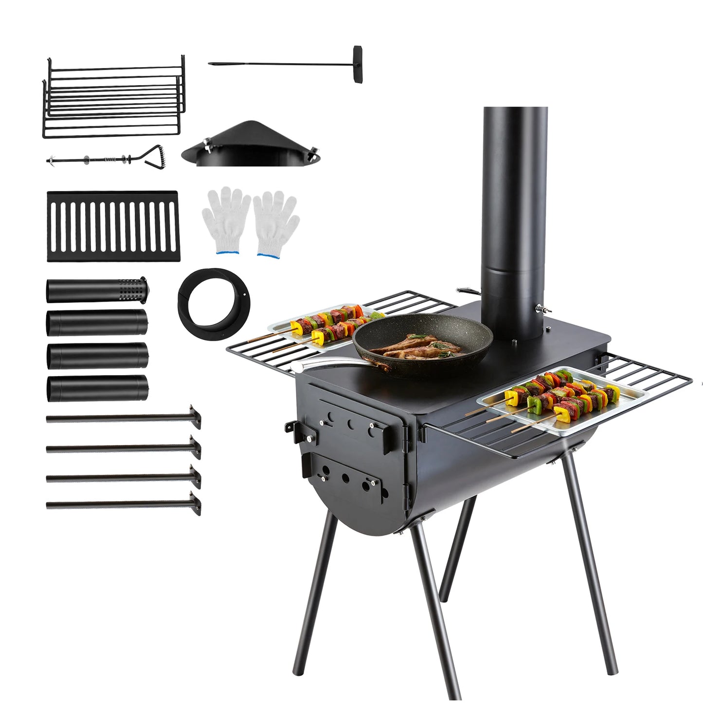 Tent Wood Burning Stove with Chimney Pipes & Gloves