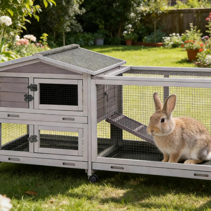 Indoor Outdoor Wooden Rabbit Hutch, 2-Tier