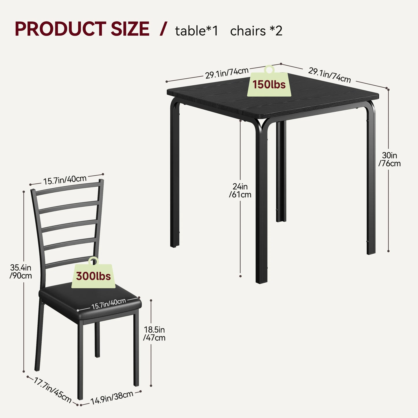 3-Piece Modern Square Dining Table Set for 2