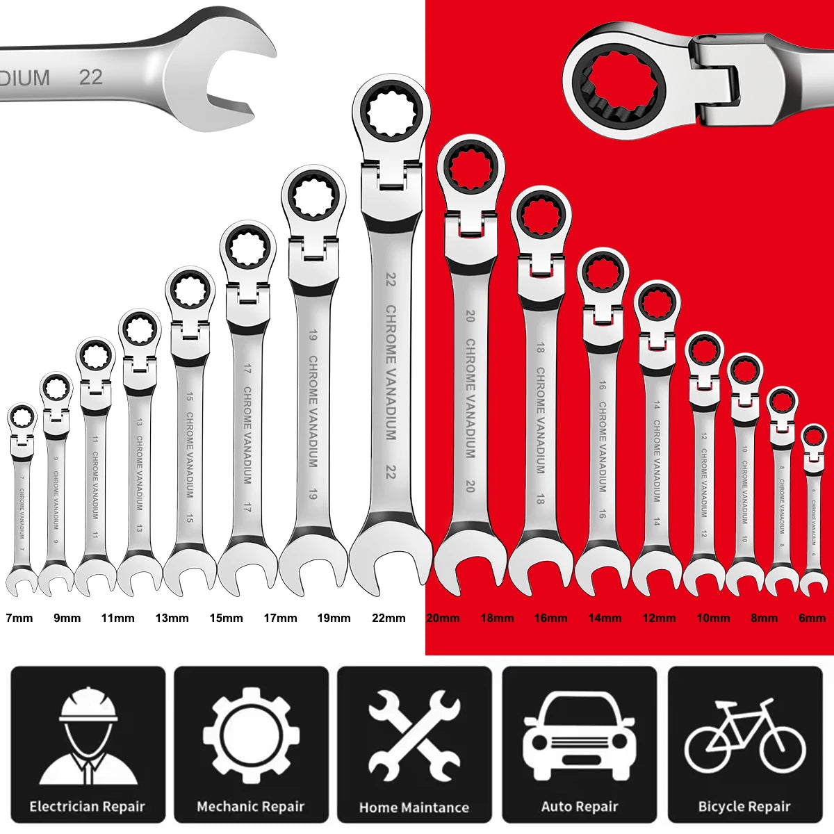 Metric Flex-Head Ratchet Wrench Set